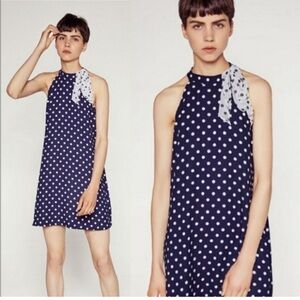 Zara Basic Collection Navy Blue White Polka Dot Halter Tie Neck Mini Dress Small